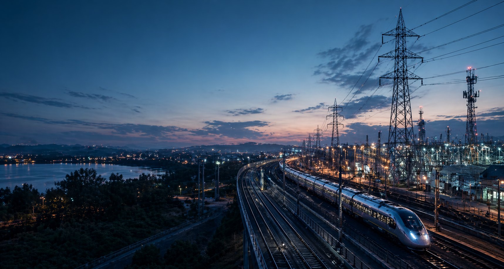 Rail, grid, telecom and critical infrastructure at blue hour