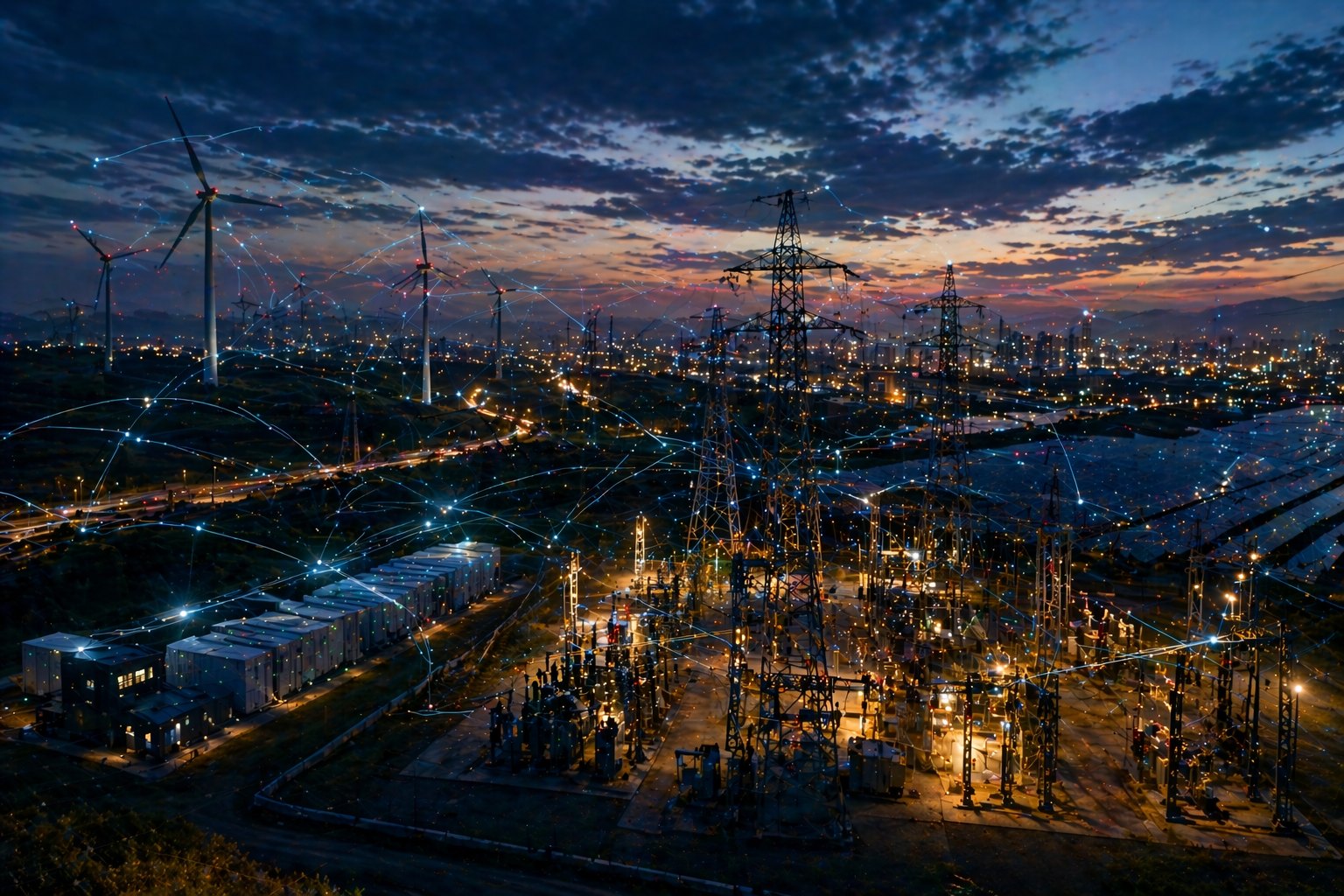 Energy grid, wind turbines, solar panels and substations at dusk
